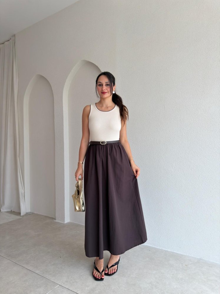 KHAİ Kemerli Midi Elbise 3060 - Acı Kahve - Mooi Butik