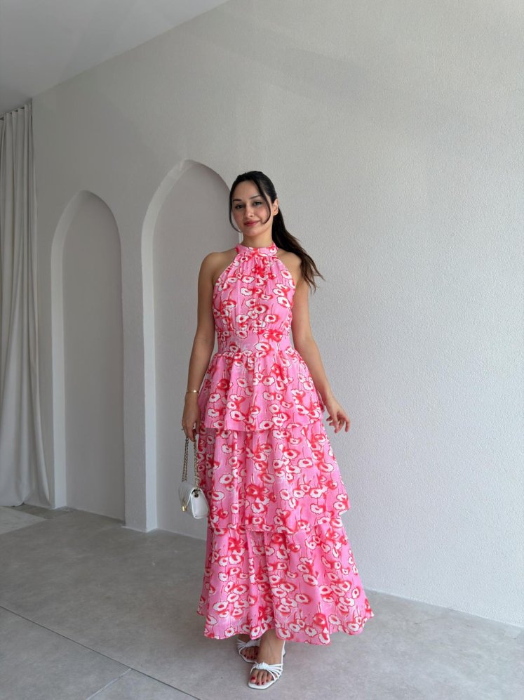 KİANA Desenli Midi Elbise 3041 - Pembe - Mooi Butik