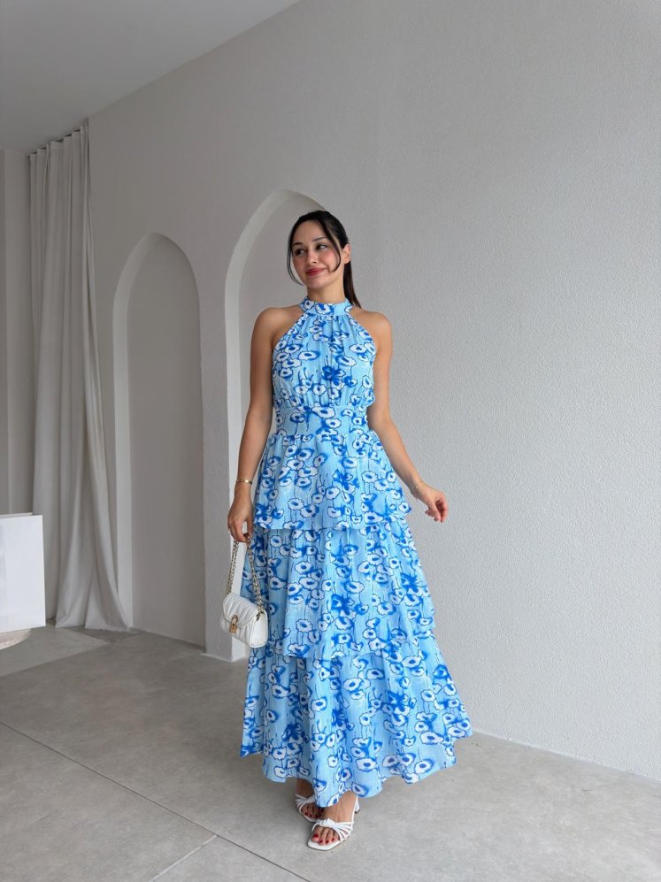 KİANA Desenli Midi Elbise 3041 - Mavi - Mooi Butik