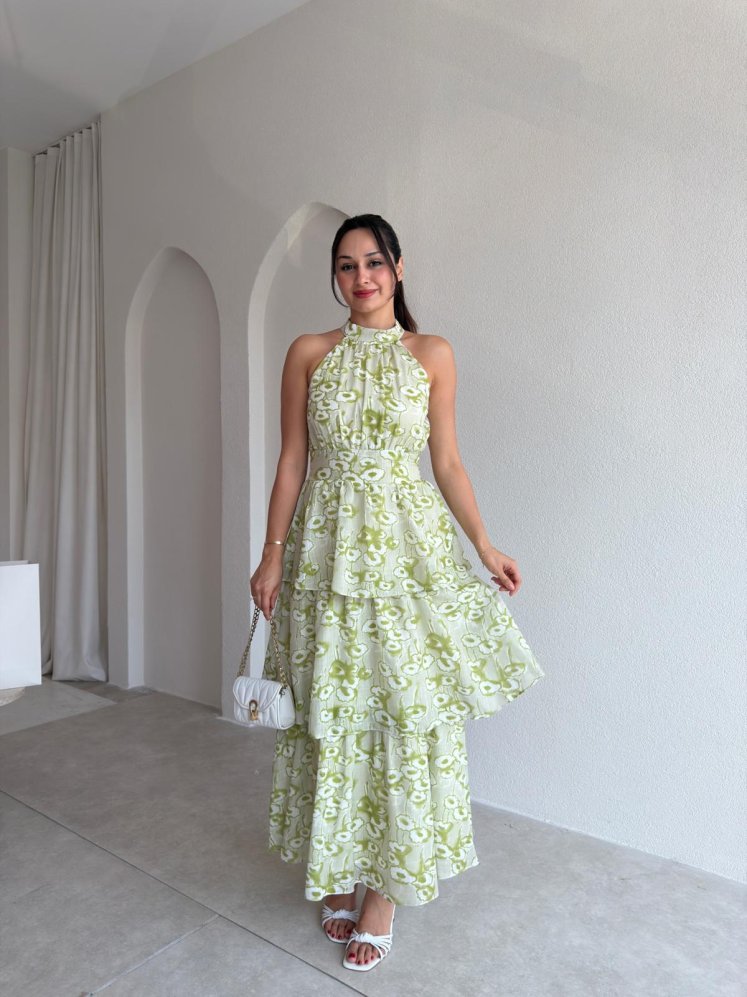 KİANA Desenli Midi Elbise 3041 - Yeşil - Mooi Butik