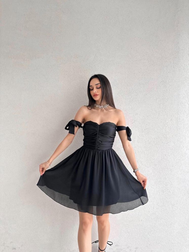 Kolları Bağlama Detaylı Mini CAMOMİLE Elbise 9080 - Siyah - Mooi Butik