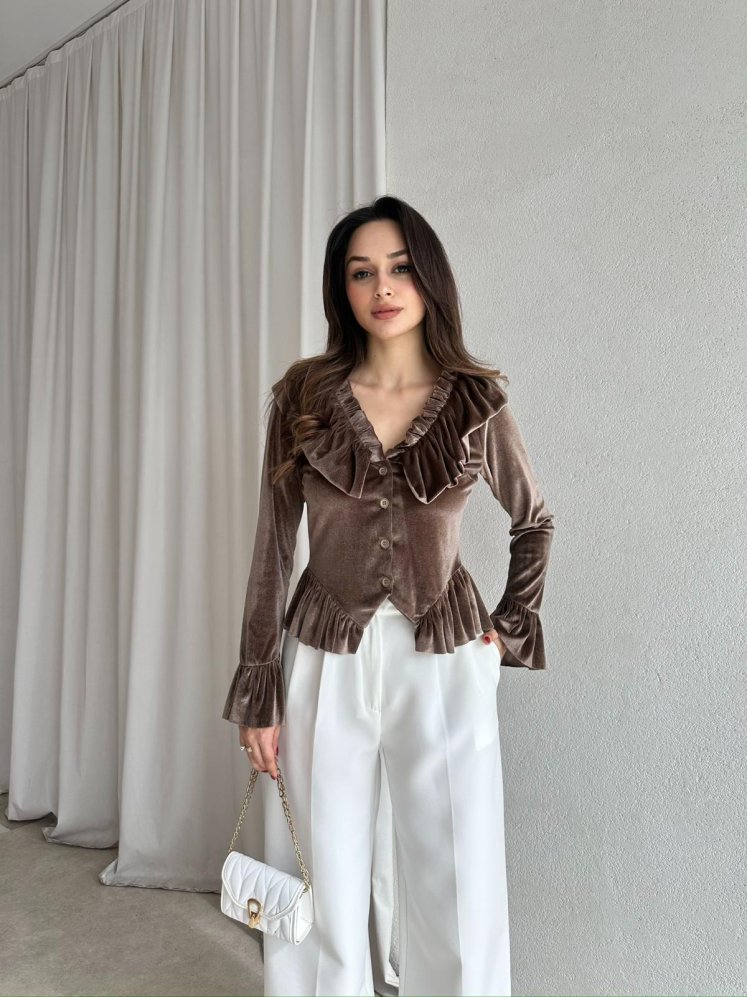 LABEL Kadife Bluz 8765 - Kahverengi - Mooi Butik