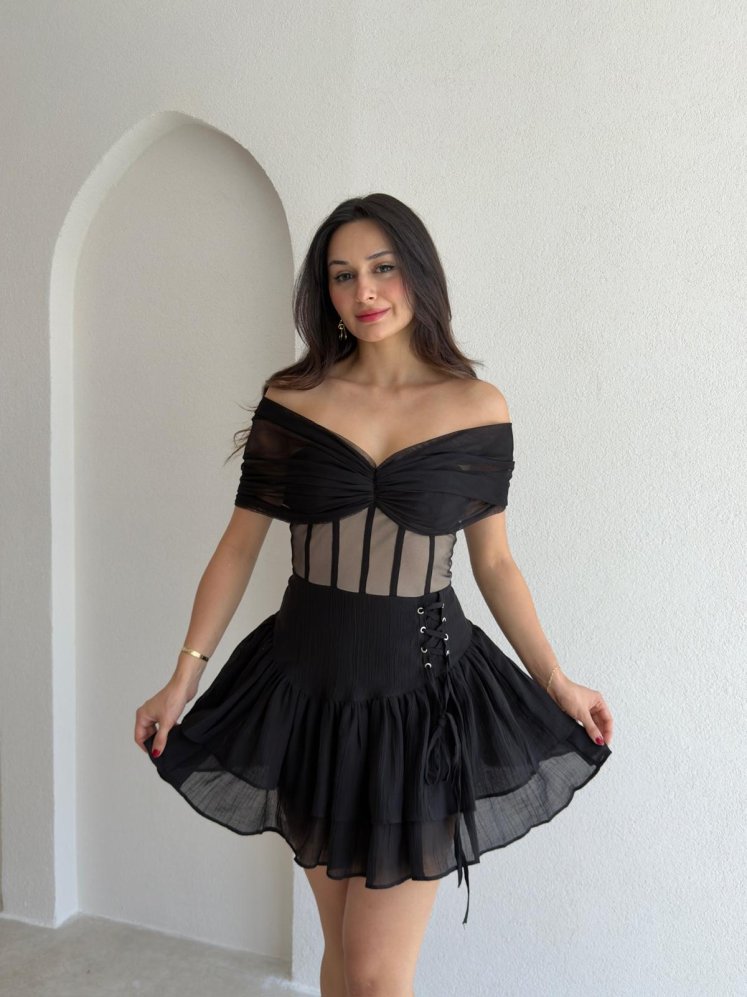 LADY Transparan Detaylı Mini Elbise 4021 - Siyah - Mooi Butik