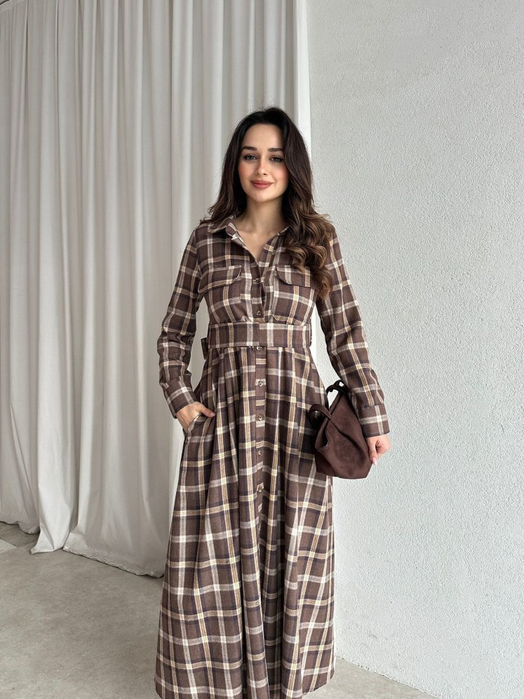 LAUDER Ekose Midi Elbise 8788 - Kahverengi - Mooi Butik