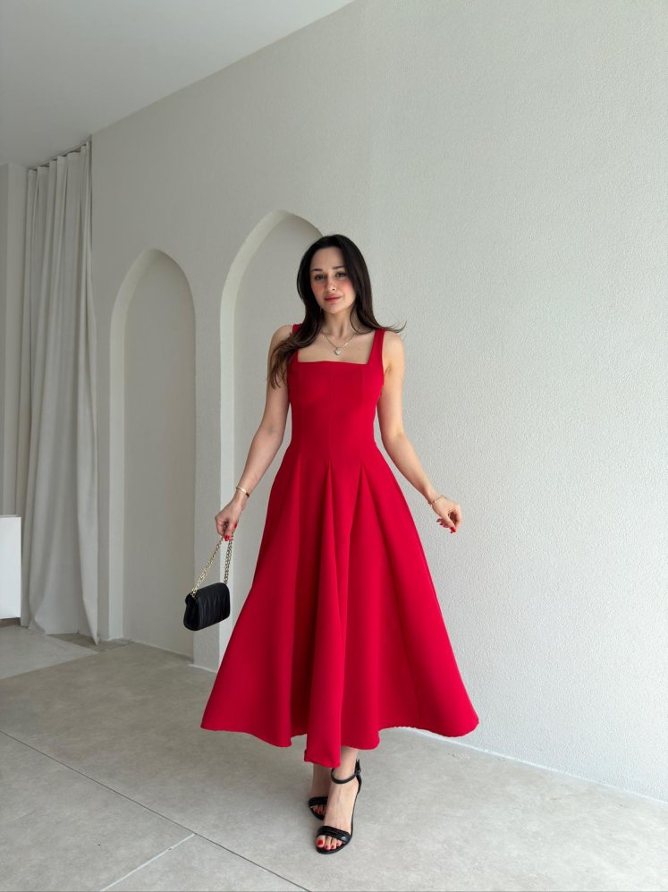 LAVOİR Kuşaklı Midi Elbise 5480 - Kırmızı - Mooi Butik