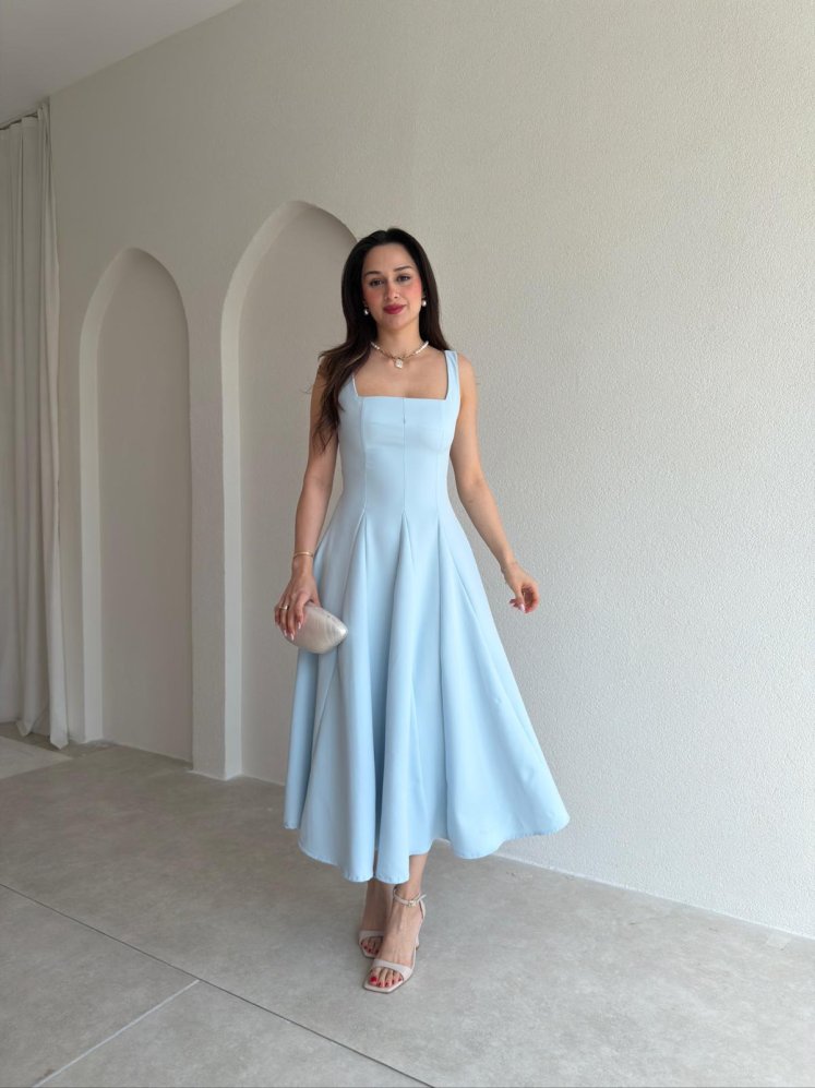 LAVOİR Kuşaklı Midi Elbise 5480 - Bebe Mavisi - Mooi Butik