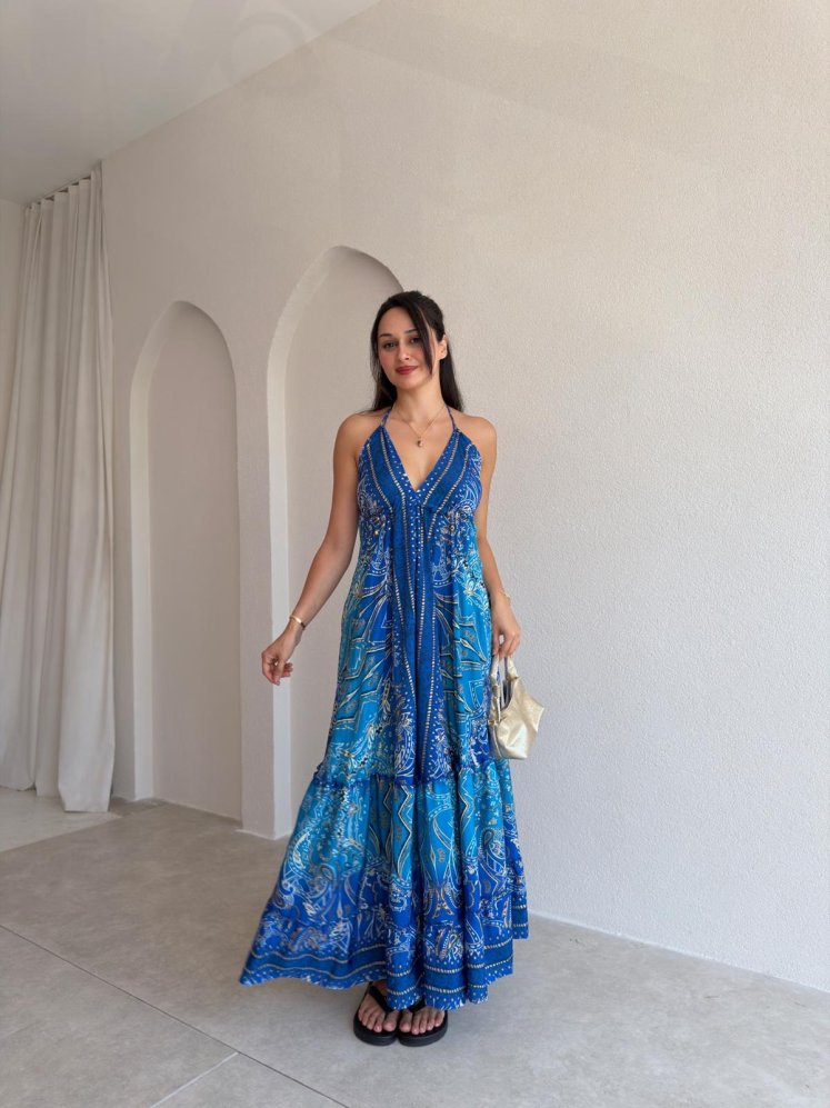 LAYLA Desenli Maxi Elbise 3722 - Mavi - Mooi Butik