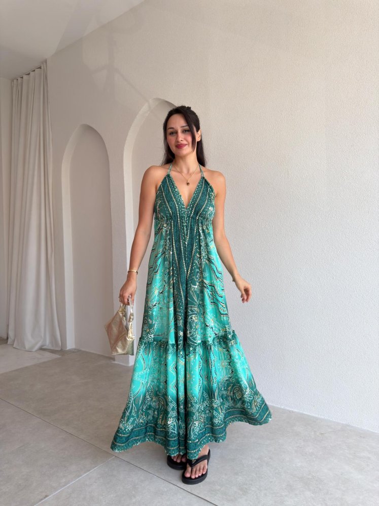LAYLA Desenli Maxi Elbise 3722 - Yeşil - Mooi Butik