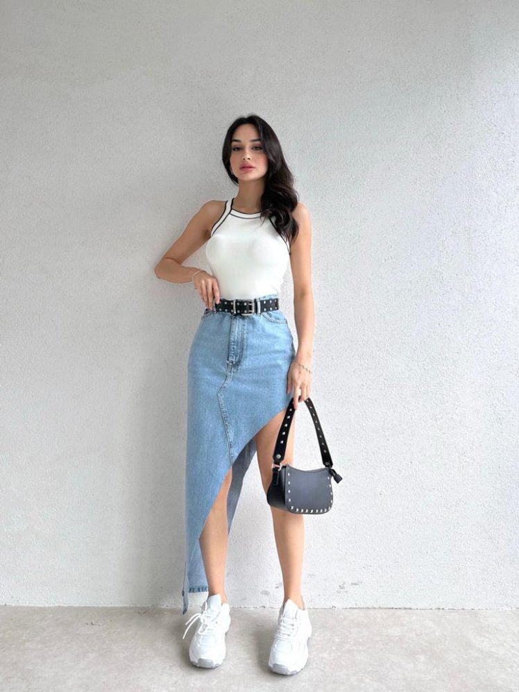 Lazer Kesim Yırtmaçlı Mersenne Kot Etek 1588 - Mooi Butik