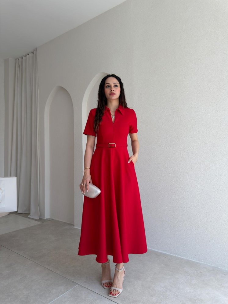 LEAVES Midi Elbise 3654 - Kırmızı - Mooi Butik