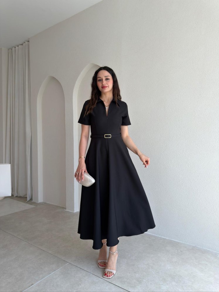 LEAVES Midi Elbise 3654 - Siyah - Mooi Butik
