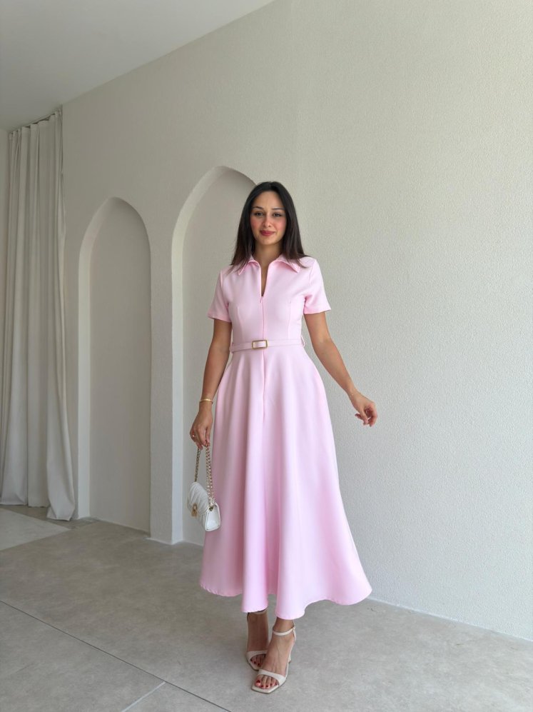 LEAVES Midi Elbise 3654 - Pembe - Mooi Butik