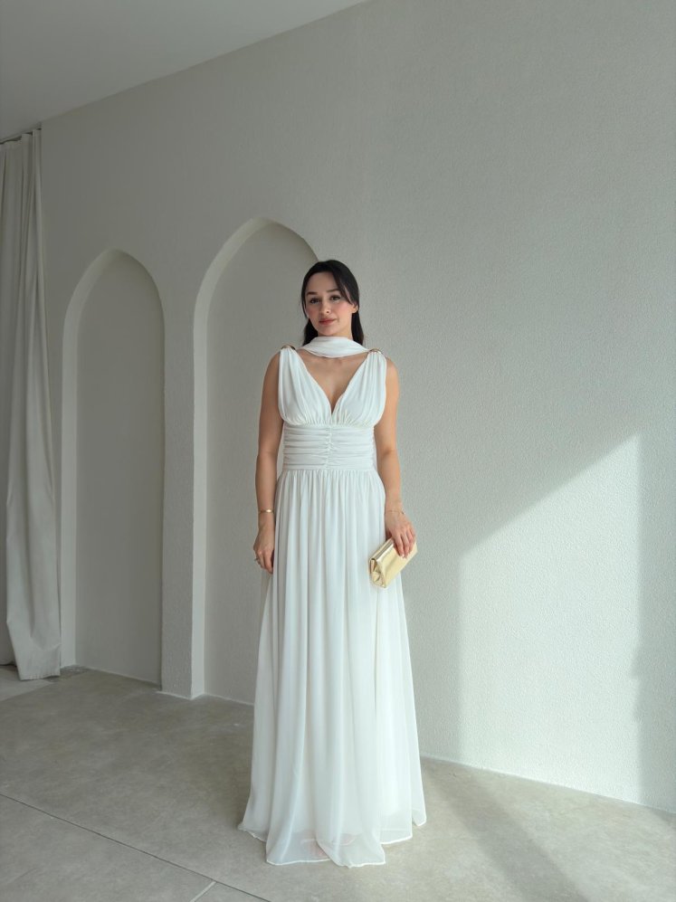 LEVANTE Şallı Maxi Elbise 8997 - Beyaz - Mooi Butik