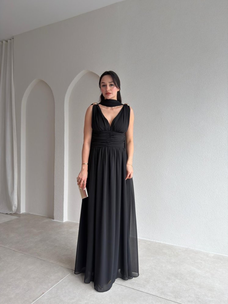 LEVANTE Şallı Maxi Elbise 8997 - Siyah - Mooi Butik