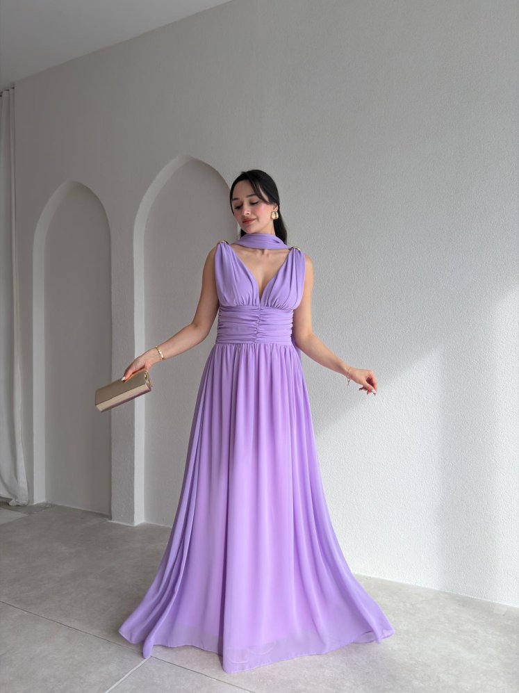 LEVANTE Şallı Maxi Elbise 8997 - Lila - Mooi Butik