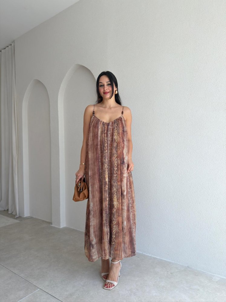 LİLYUM Desenli Midi Elbise 7436 - Kahverengi - Mooi Butik