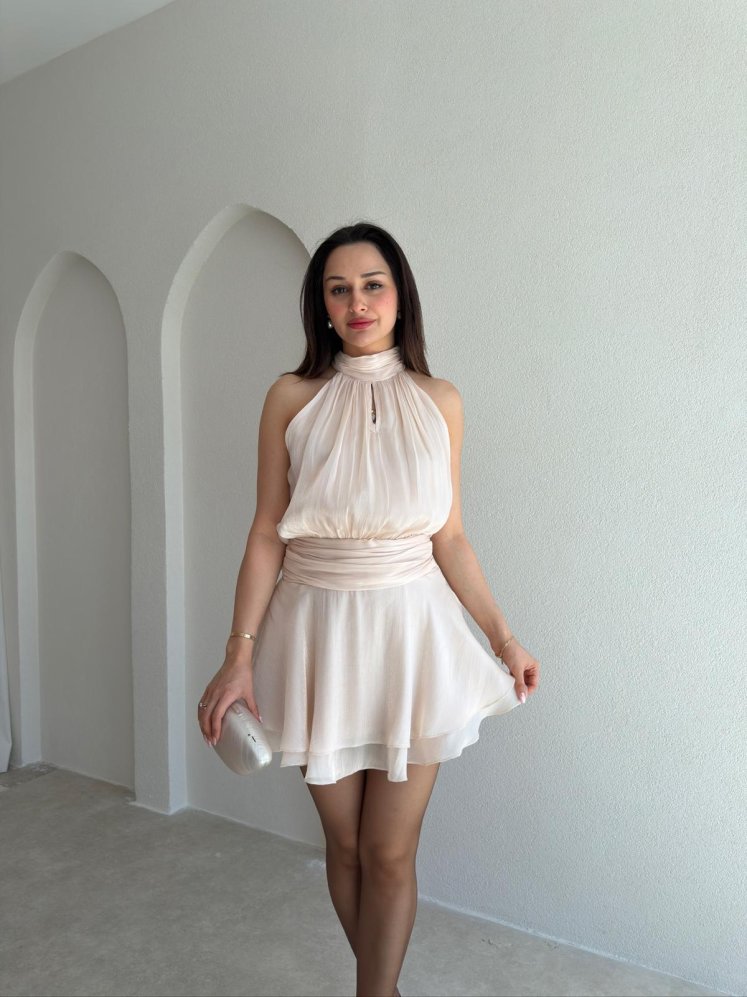 LİPAS Mini Elbise 8916 - Krem Rengi - Mooi Butik