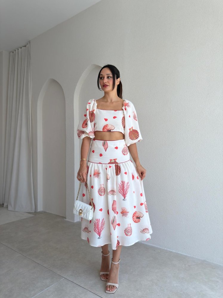 LİPSY Desenli Etekli Takım 3717 - Beyaz - Mooi Butik