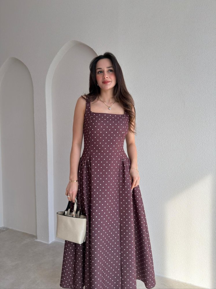 LİVA Puantiyeli Midi Elbise 8980 - Acı Kahve - Mooi Butik