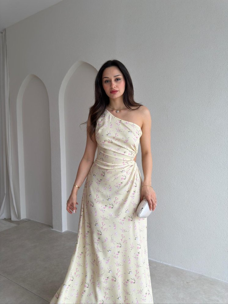 LİZARD Çiçekli Tek Omuz Maxi Elbise 9040 - Sarı - Mooi Butik