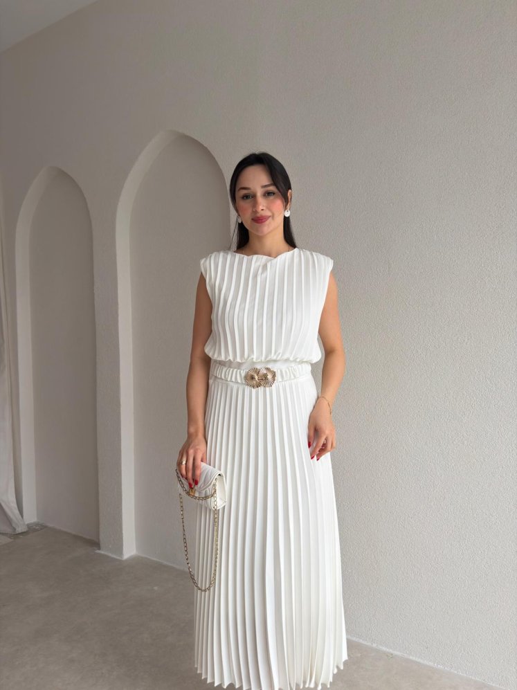 LOCAL Kemerli Midi Elbise 8981 - Beyaz - Mooi Butik