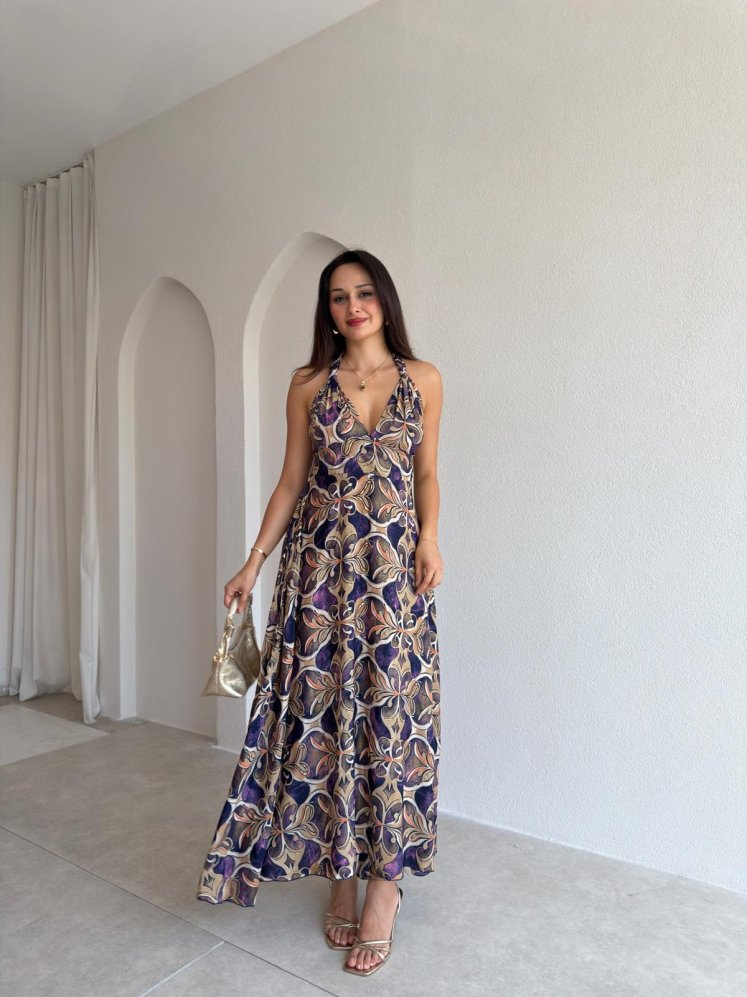 LONA Desenli Midi Elbise 3031 - Mor - Mooi Butik