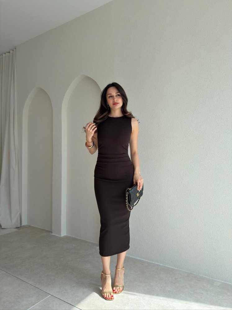 LONDON Midi Elbise 9842 - Acı Kahve - Mooi Butik
