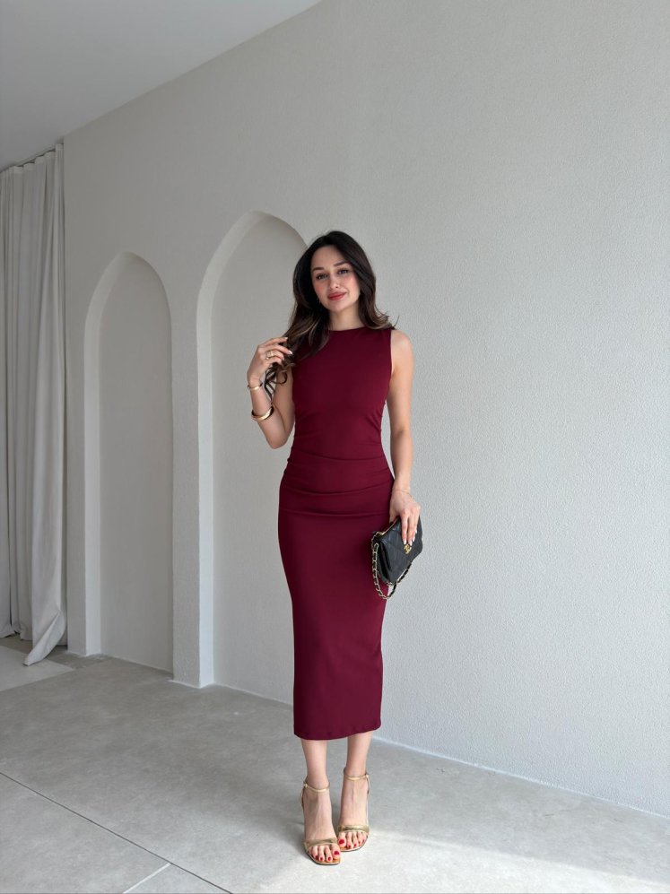 LONDON Midi Elbise 9842 - Bordo - Mooi Butik