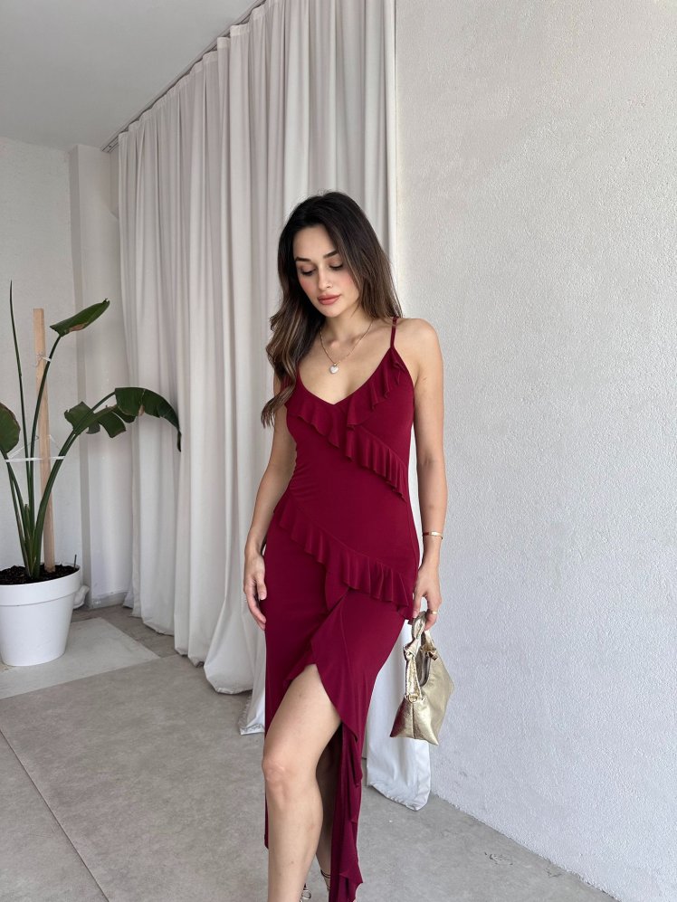 LONGAN Maxi Elbise 8194 - Bordo - Mooi Butik