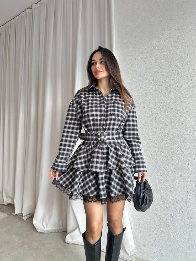 LUCKY Ekose Mini Elbise 8252 - Acı Kahve - Mooi Butik