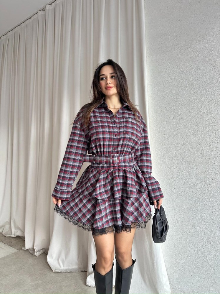 LUCKY Ekose Mini Elbise 8252 - Bordo - Mooi Butik