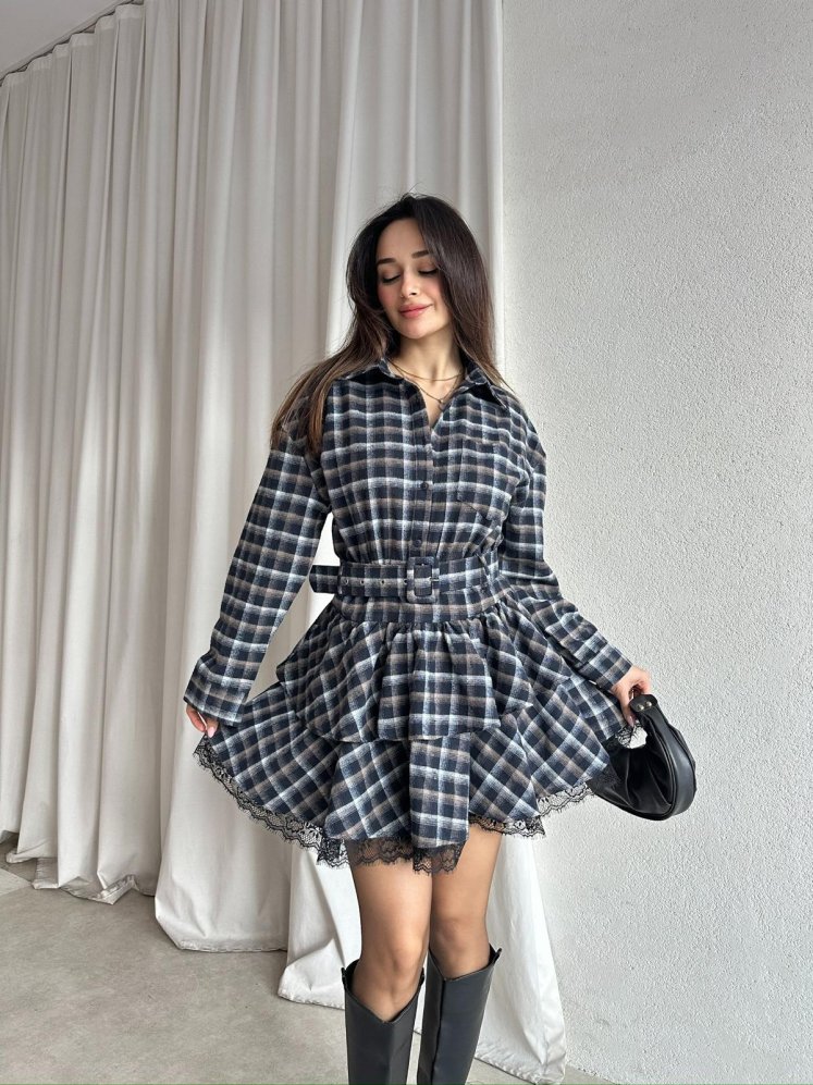 LUCKY Ekose Mini Elbise 8252 - Siyah - Mooi Butik