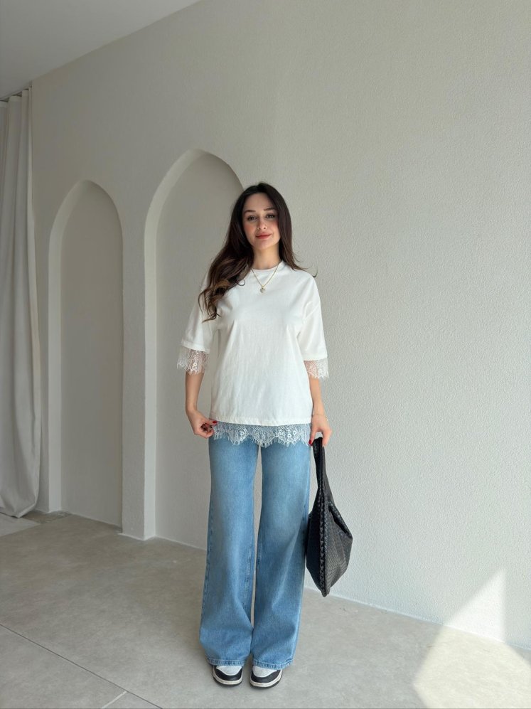 LUDO Dantel Detaylı Bluz 9455- Beyaz - Mooi Butik