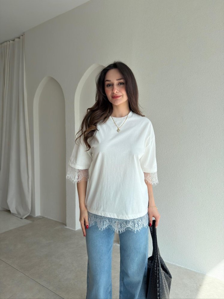 LUDO Dantel Detaylı Bluz 9455- Beyaz - Mooi Butik