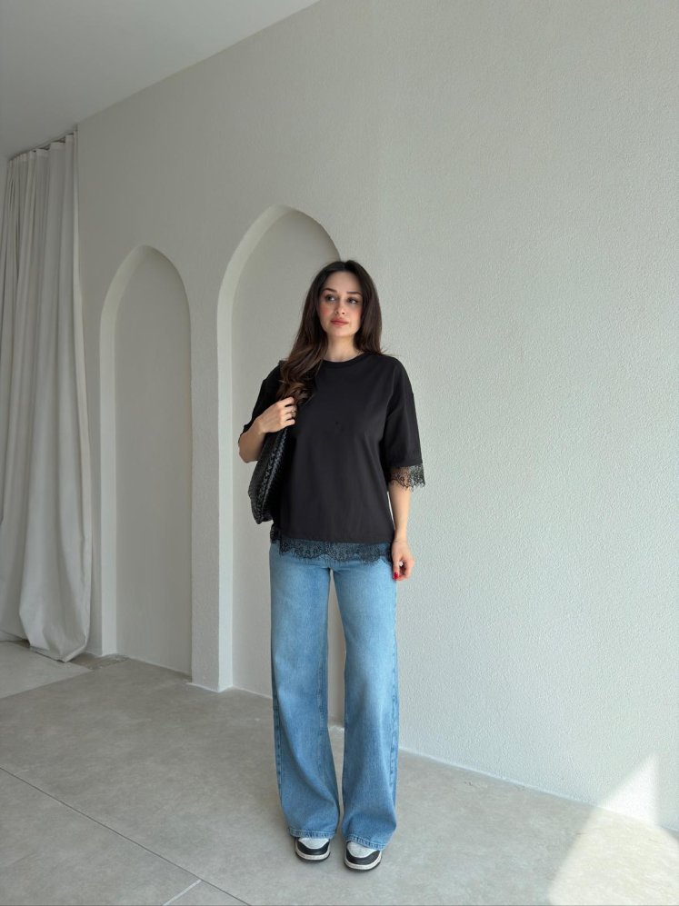 LUDO Dantel Detaylı Bluz 9455- Siyah - Mooi Butik
