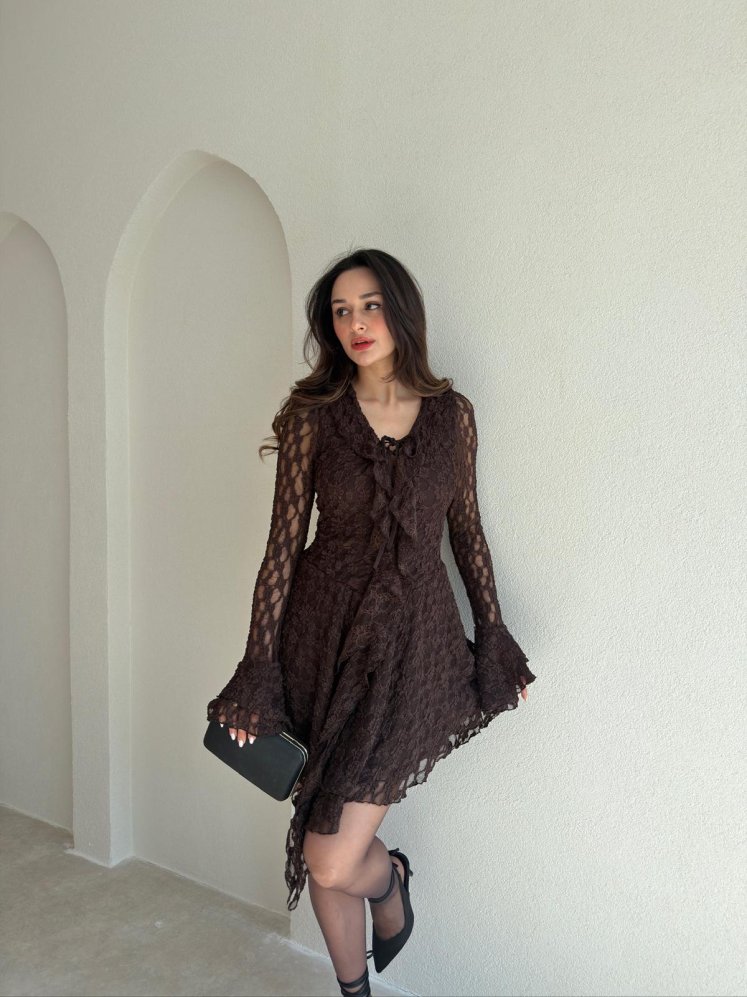 LUJO Dantelli Mini Elbise 9056 - Acı Kahve - Mooi Butik