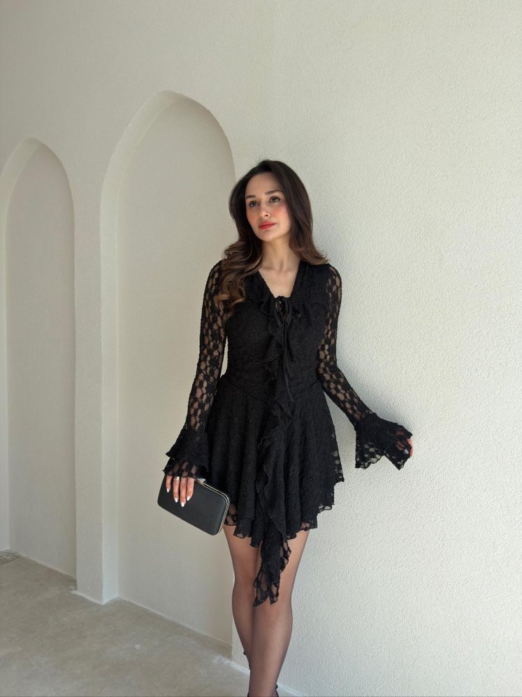  LUJO Dantelli Mini Elbise 9056 - Siyah - Mooi Butik