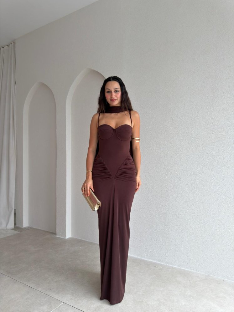 LUMERO Maxi Elbise 3693 - Acı Kahve - Mooi Butik