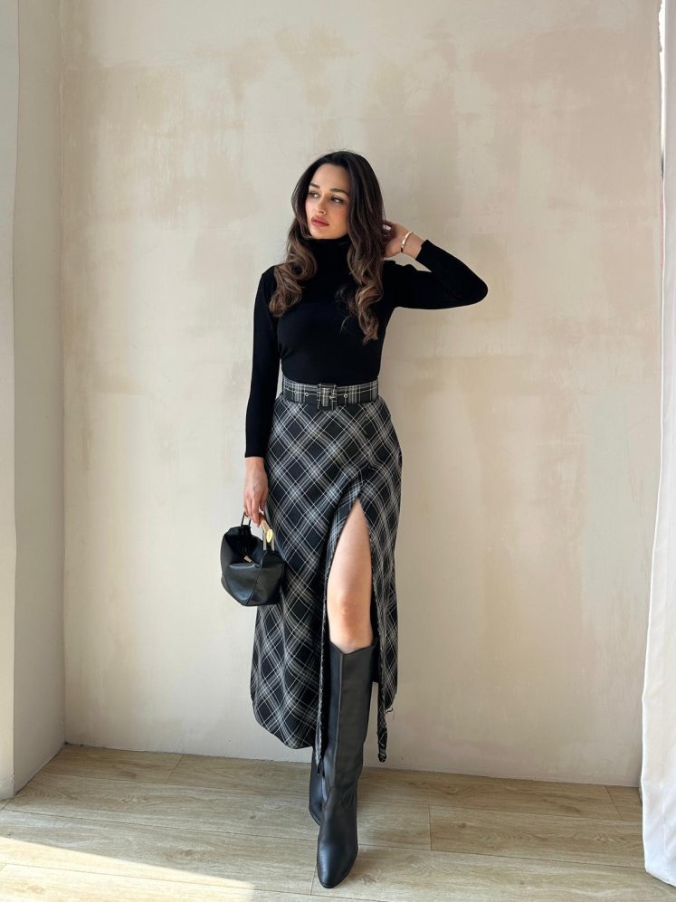 LUNA Desenli Midi Etek 8688 - Gri - Mooi Butik