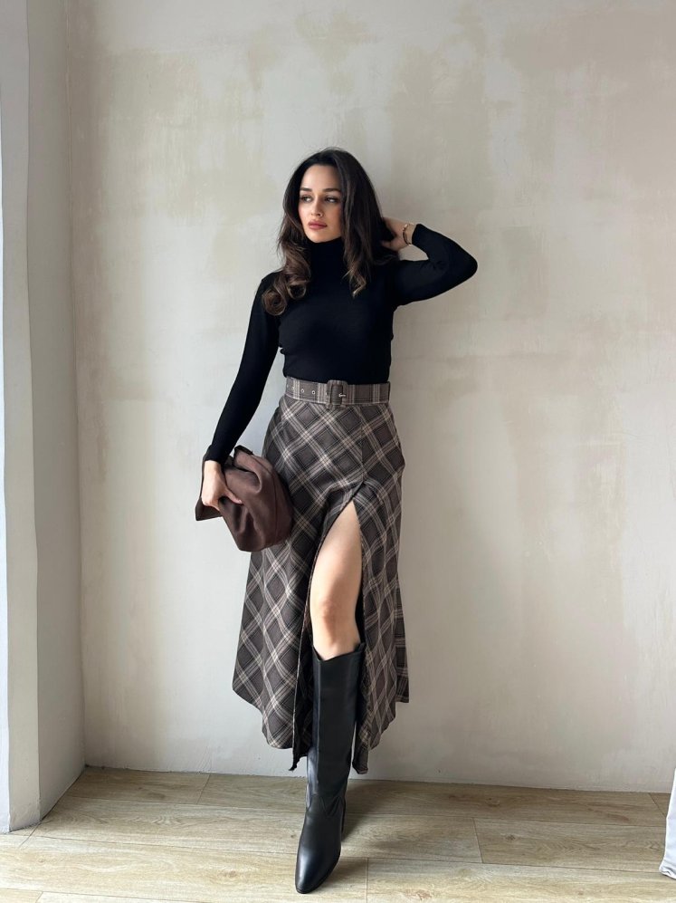 LUNA Desenli Midi Etek 8688 - Kahverengi - Mooi Butik