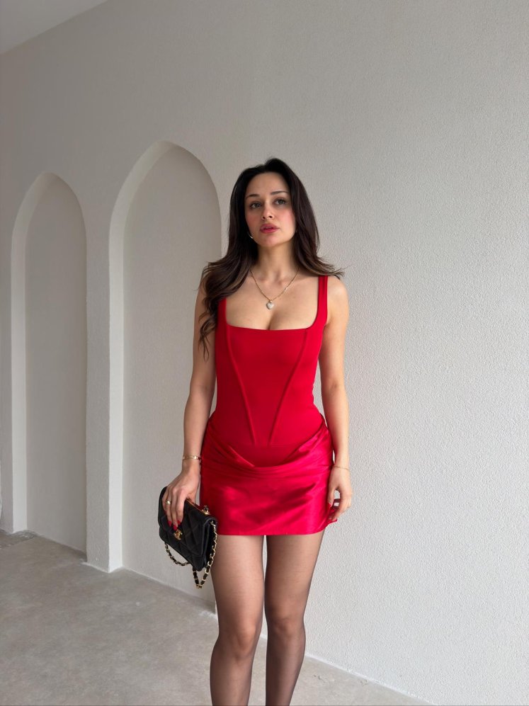 LUNESSA Saten Drapeli Mini Elbise 8917 - Kırmızı - Mooi Butik