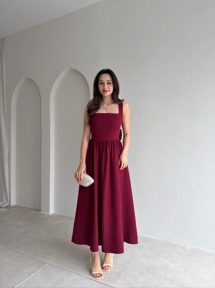 LYDİA Fiyonk Detaylı Maxi Elbise 4818 - Bordo - Mooi Butik
