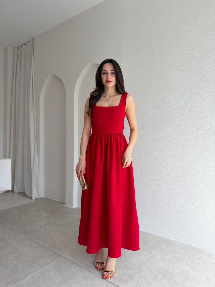 LYDİA Fiyonk Detaylı Maxi Elbise 4818 - Kırmızı - Mooi Butik