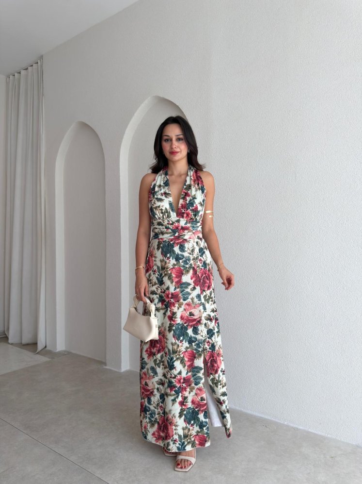 LYKİA Desenli Maxi Elbise 3053 - Beyaz - Mooi Butik
