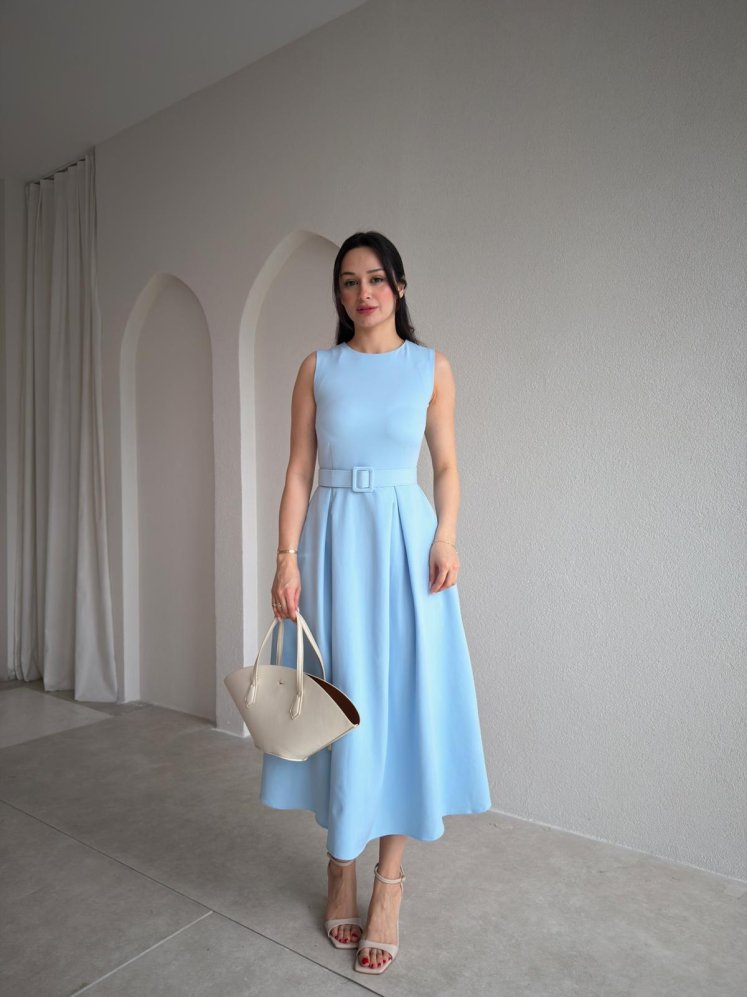 MAGNETO Kemerli Midi Elbise 5505 - Bebe Mavisi - Mooi Butik