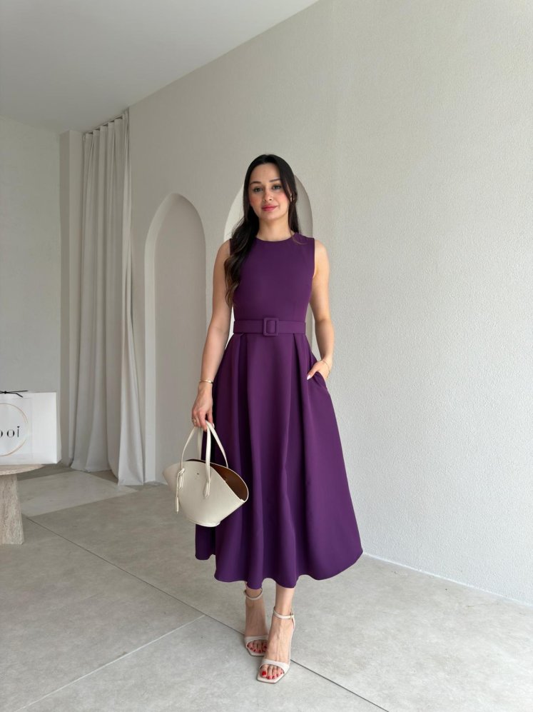  MAGNETO Kemerli Midi Elbise 5505 - Mor - Mooi Butik