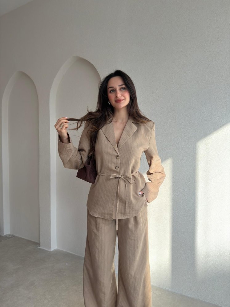 MAİN Çizgili Takım 8330 - Vizon - Mooi Butik