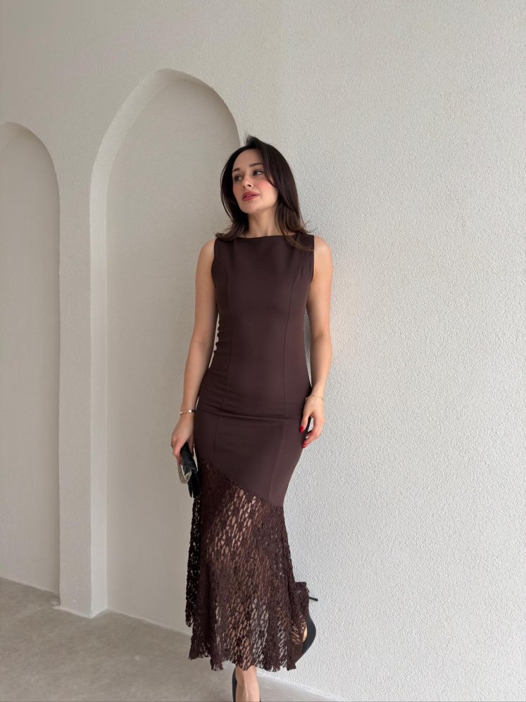 MANOLO Dantel Detaylı Midi Elbise 8960 - Acı Kahve - Mooi Butik