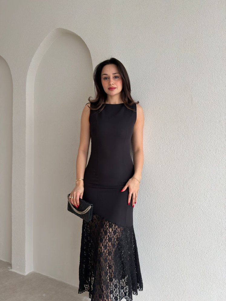 MANOLO Dantel Detaylı Midi Elbise 8960 - Siyah - Mooi Butik