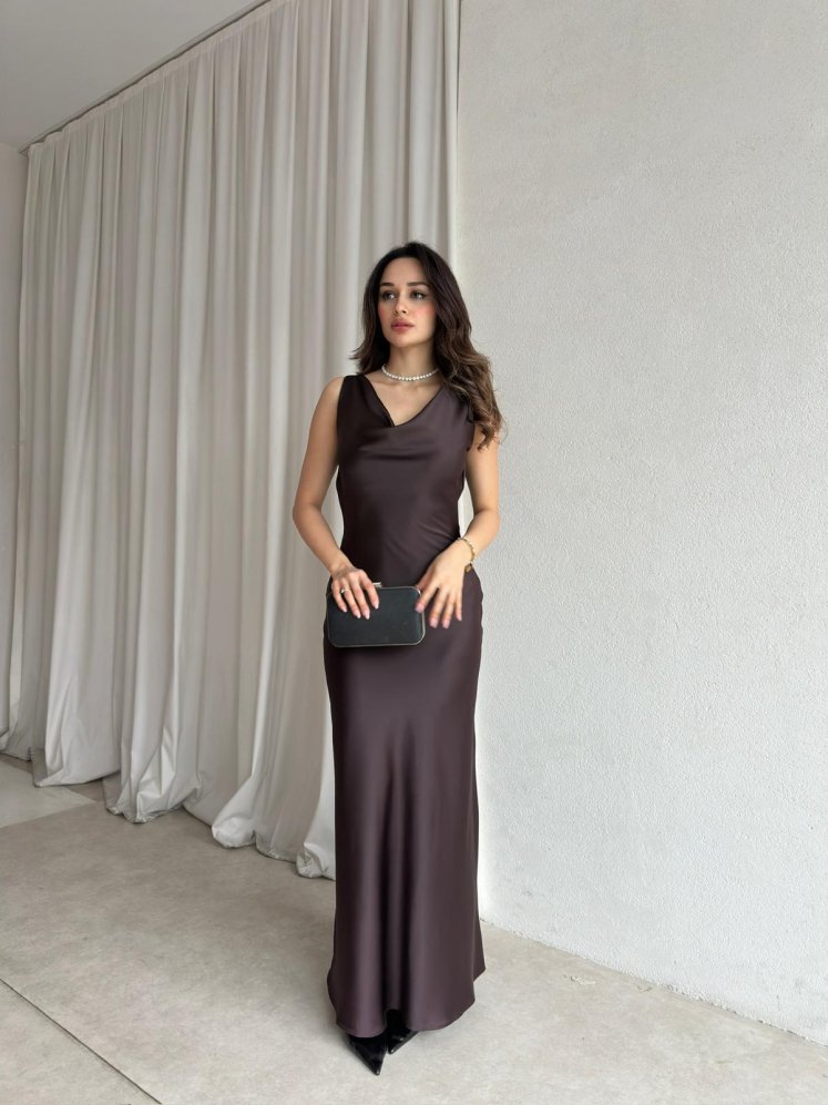 MANUA Saten Elbise 8703 - Acı Kahve - Mooi Butik